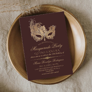 Masquerade Quinceanera Gold & Burgundy Invitation