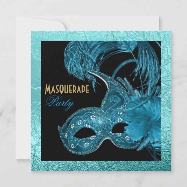 Masquerade quinceañera party blue foil invitation (Front)