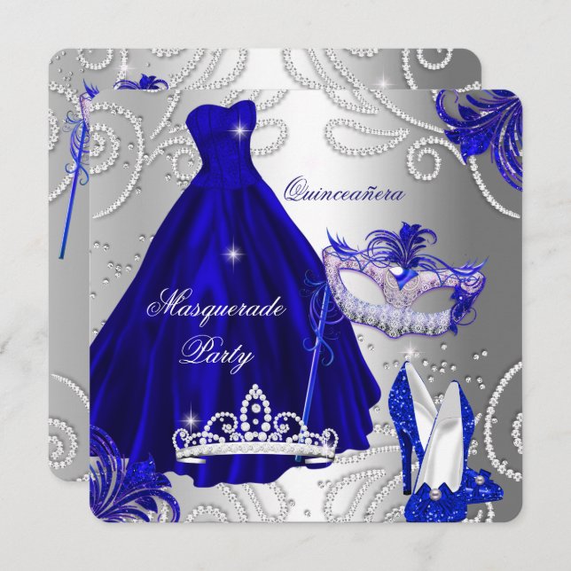 Masquerade Quinceanera Party Blue Silver Dress Invitation (Front/Back)