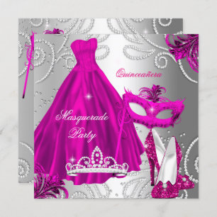 Masquerade Quinceanera Party Pink Silver Dress Invitation