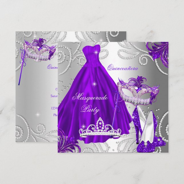 Masquerade Quinceanera Party Purple Silver Dress Invitation (Front/Back)