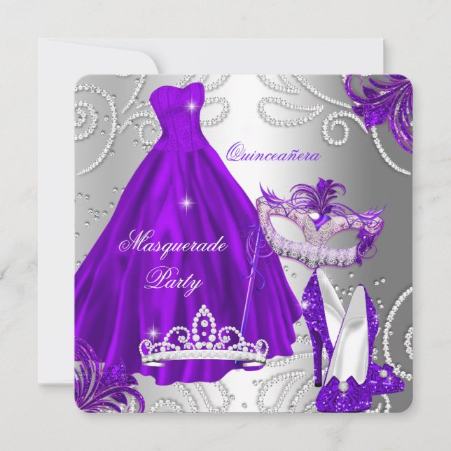 Masquerade Quinceanera Party Purple Silver Dress Invitation (Front)