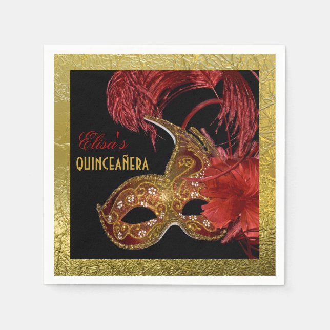 Masquerade Quinceañera party red, faux gold foil Napkin (Front)
