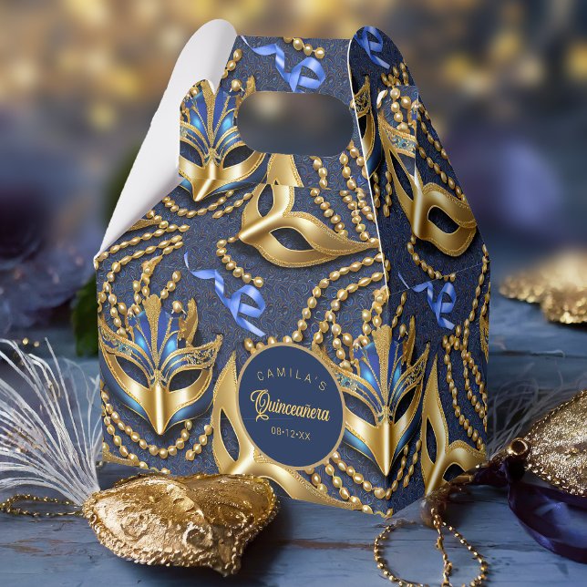 Masquerade Quinceanera Pattern Blue Gold ID1031 Favour Box (Creator Uploaded)