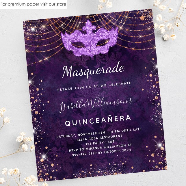 Masquerade Quinceanera purple budget invitation Flyer (Creator Uploaded)