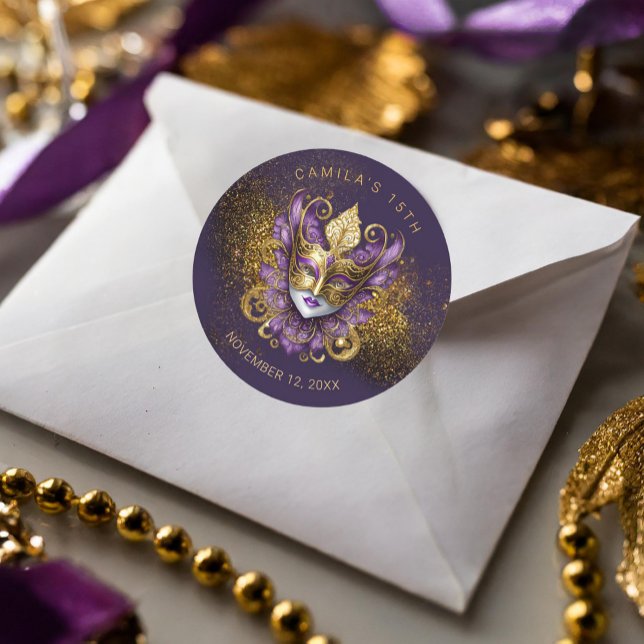 Masquerade Quinceanera Purple Gold V2 ID1031 Classic Round Sticker (Creator Uploaded)