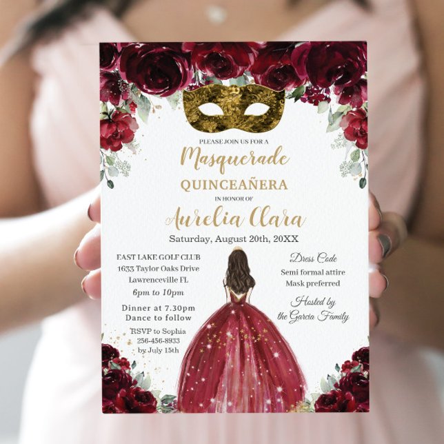 Masquerade Quinceañera Rich Burgundy Red Floral Invitation (Creator Uploaded)