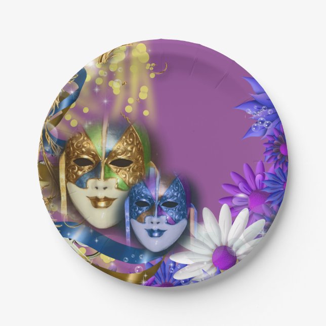 Masquerade quinceanera Venetian masks PERSONALIZE Paper Plate (Front)