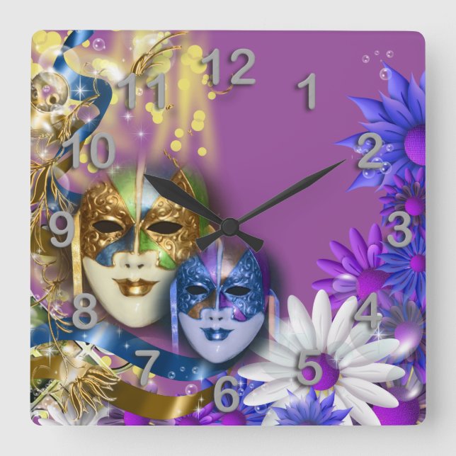 Masquerade quinceanera Venetian masks PERSONALIZE Square Wall Clock (Front)