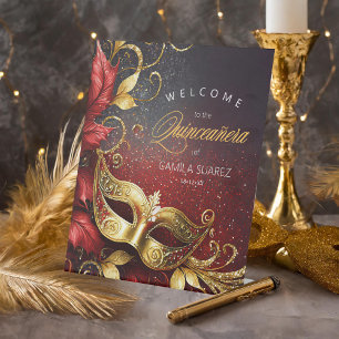 Masquerade Quinceañera Welcome Red Gold ID1031 Pedestal Sign