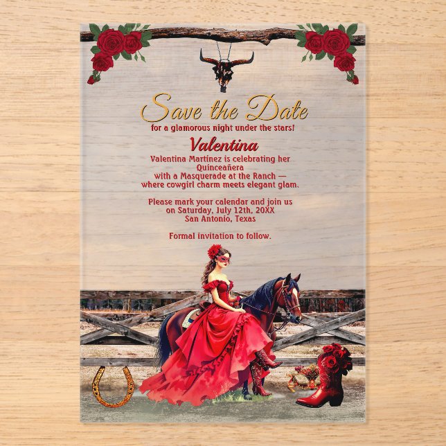 Masquerade Ranch Quinceañera Red Glam Girl & Name Acrylic Invitations (Front)