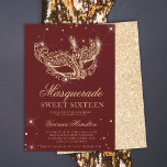 Masquerade red gold glitter mask Sweet 16 Invitation<br><div class="desc">A modern,  chic and glamourous sweet sixteen with a hand drawn gold glitter masquerade mask with gold glitter diamond sparkles on an editable red bugundy background with gold glitter at the back.</div>