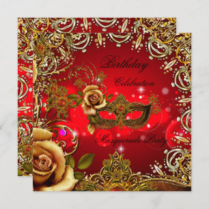 Masquerade Red Gold Mask Birthday Party Invitation