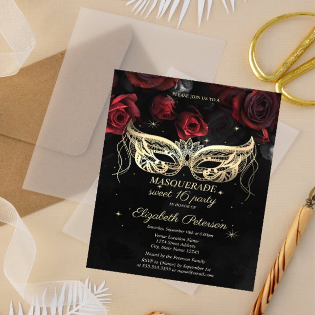 Masquerade Red Roses Gothic Sweet 16 Invitation Postcard (Creator Uploaded)
