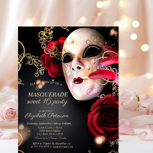Masquerade Red Roses Sweet 16  Invitation Postcard