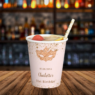 Masquerade rose gold birthday party paper cups