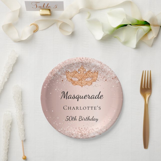 Masquerade rose gold glitter dust birthday party paper plate (Wedding)
