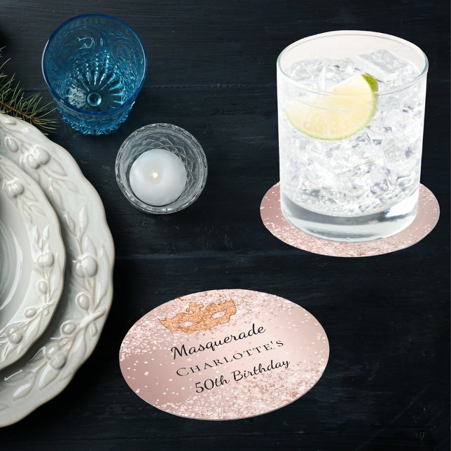 Masquerade rose gold mask birthday party round paper coaster (Creator Uploaded)