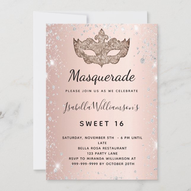 Masquerade rose gold silver glitter dust Sweet 16 Invitation (Front)