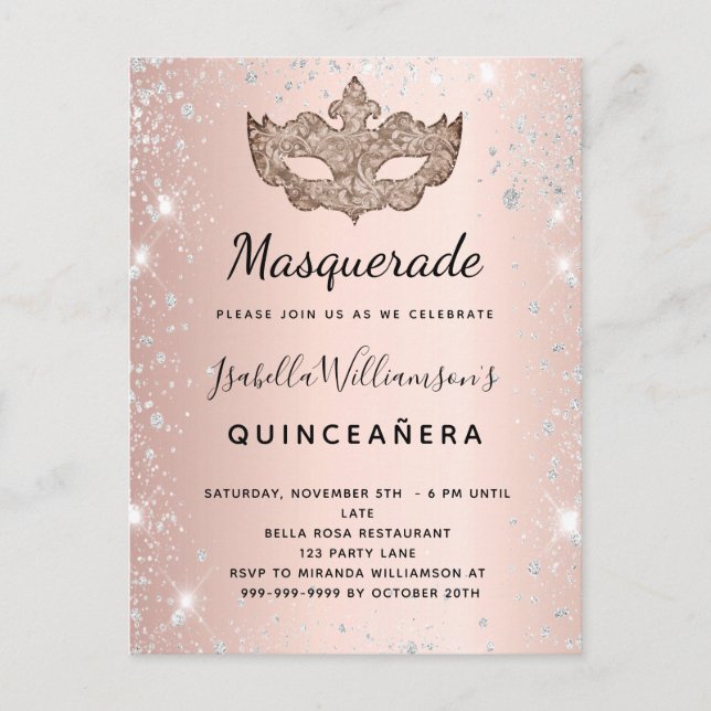 Masquerade rose gold silver glitter Quinceanera Invitation Postcard (Front)