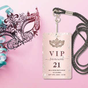 Masquerade rose gold silver glitter vip invitation ID badge