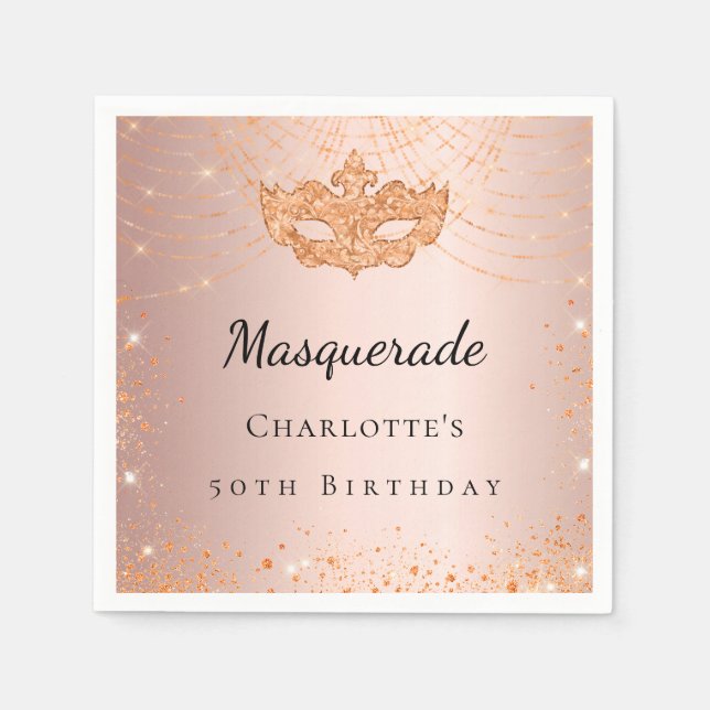 Masquerade rose gold sparkles birthday party napkin (Front)