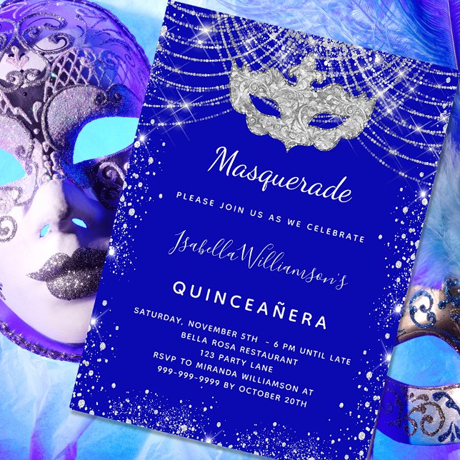 Masquerade royal blue silver Quinceanera party Invitation (Creator Uploaded)
