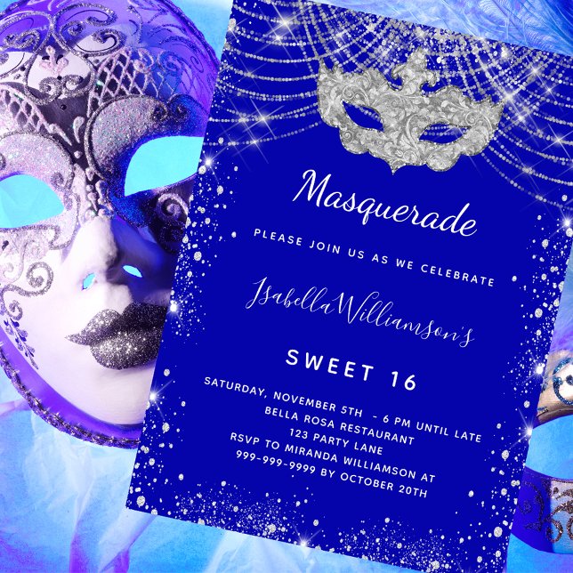 Masquerade royal blue silver Sweet 16 party Invitation (Creator Uploaded)