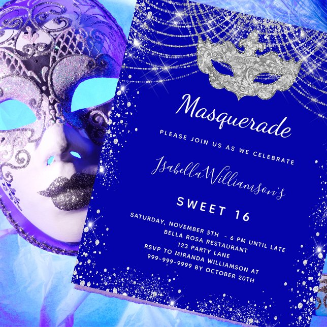 Masquerade royal blue Sweet 16 budget invitation Flyer (Creator Uploaded)