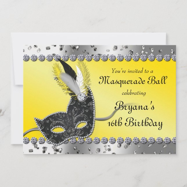 Masquerade Silver and Yellow Party Invitation (Front)