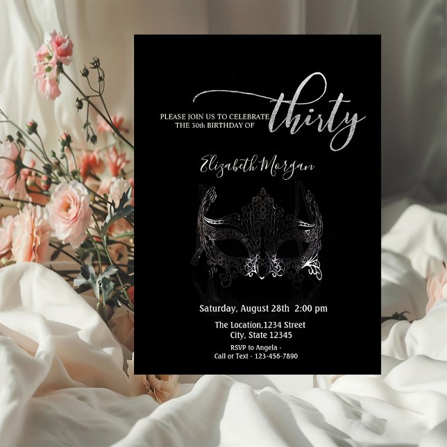 Masquerade,Silver Masque Black 30th Birthday   Invitation (Creator Uploaded)