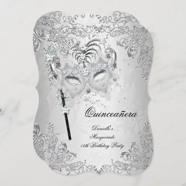 Masquerade Silver Quinceanera 15th Birthday Invitation (Front/Back)