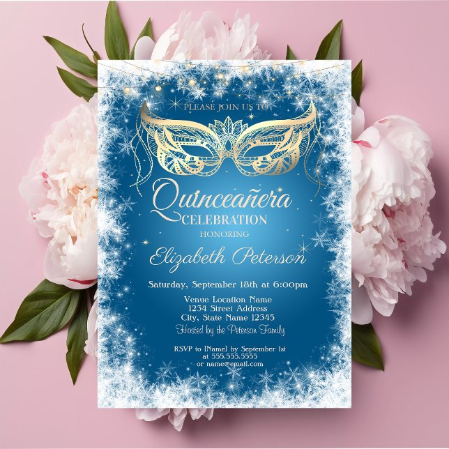 Masquerade,Snowflakes,Blue Quinceañera Invitation (Creator Uploaded)