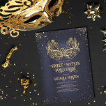 Masquerade Sparkly Gold Glitter Navy Blue Sweet 16 Invitation<br><div class="desc">This modern and chic masquerade sweet sixteen birthday party invitation is perfect for the modern and stylish girl. It features a custom-drawn faux sparkly gold glitter masquerade mask on top of a navy blue dreamy background and glitter confetti. It's elegant, glamourous, girly, and trendy; the perfect design to impress her...</div>