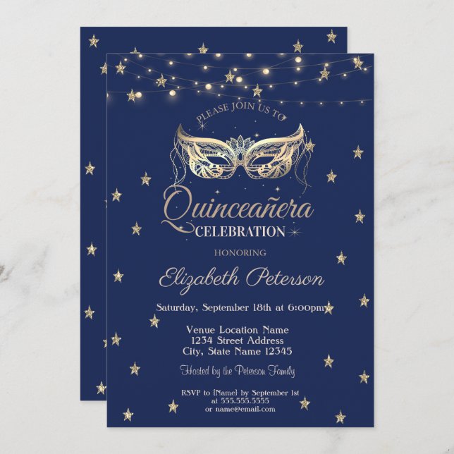 Masquerade,String Lights,Gold Stars  Quinceañera Invitation (Front/Back)