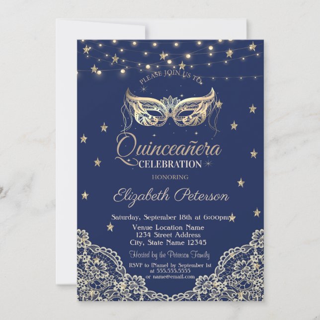 Masquerade,String Lights,Lace,Stars  Quinceañera Invitation (Front)