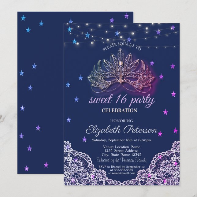 Masquerade,String Lights,Stars,Lace Sweet 16 Invitation (Front/Back)