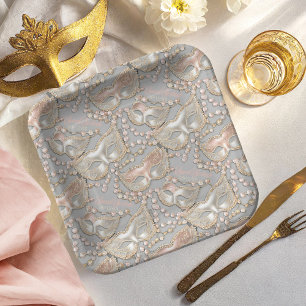 Masquerade Sweet 16 Bead Masks Rose Gold ID1032 Paper Plate