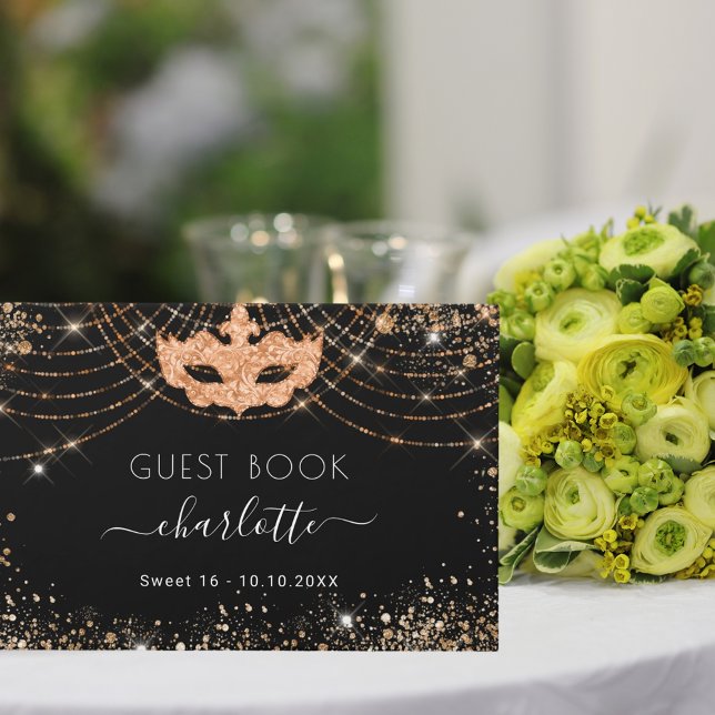 Masquerade Sweet 16 black gold glitter party Guest Book (Creator Uploaded)