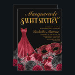 Masquerade Sweet 16 Black Red Gold 16th Birthday Invitation<br><div class="desc">Masquerade Sweet 16 invitation in dramatic black, red and gold. This elegant, dramatic design features a princess ball gown and masquerade mask in a drift of black and red peonies with silver sparkles. Masquerade Sweet Sixteen and the birthday girl's name are lettered in graceful script and decorative typography. The invitation...</div>