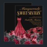 Masquerade Sweet 16 Black Red Gold 16th Birthday Invitation<br><div class="desc">Masquerade Sweet 16 invitation in dramatic black, red and gold. This elegant, dramatic design features a princess ball gown and masquerade mask in a drift of black and red peonies with silver sparkles. Masquerade Sweet Sixteen and the birthday girl's name are lettered in graceful script and decorative typography. The invitation...</div>