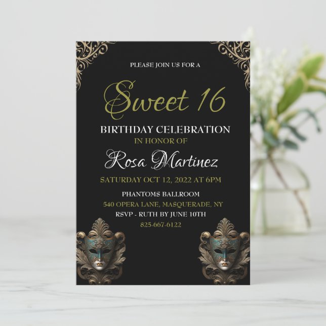Masquerade sweet 16 invitation (Standing Front)
