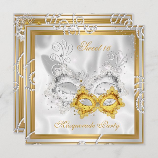 Masquerade Sweet 16 Party Mask Silver Gold 2 Invitation (Front/Back)