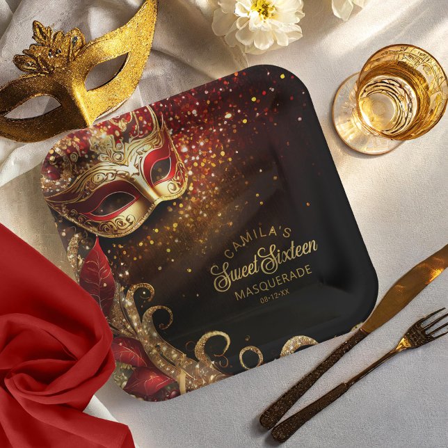 Masquerade Sweet 16 Red Gold ID1032 Paper Plate (Creator Uploaded)