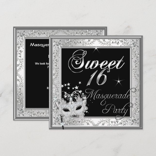 Masquerade Sweet 16 Sixteen Birthday Black White Invitation (Front/Back)