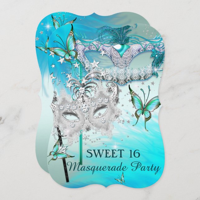 Masquerade Sweet 16 Teal Mint Diamond Mask Invitation (Front/Back)