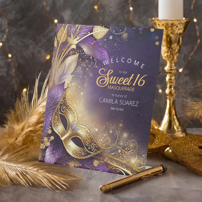 Masquerade Sweet 16 Welcome Purple Gold ID1032 Pedestal Sign (Creator Uploaded)