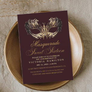 Masquerade Sweet Sixteen Burgundy Birthday Invitation