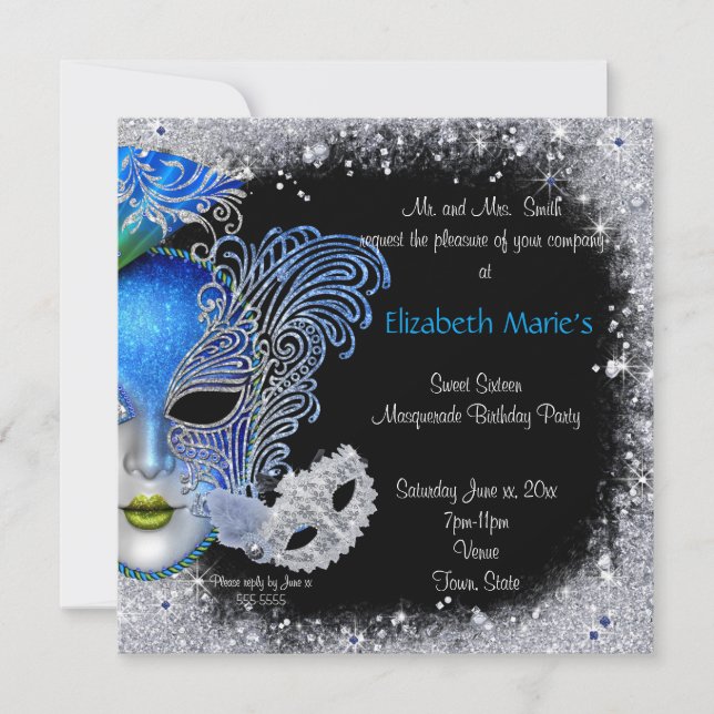 Masquerade, Sweet Sixteen, Glitter Invitation (Front)