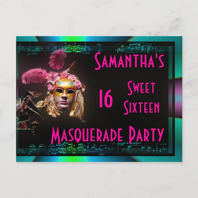 Masquerade sweet sixteen invitation postcard (Front)